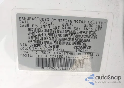 2018 Nissan Kicks Sv из США, поврежденный, VIN 3N1CP5CU9JL521889